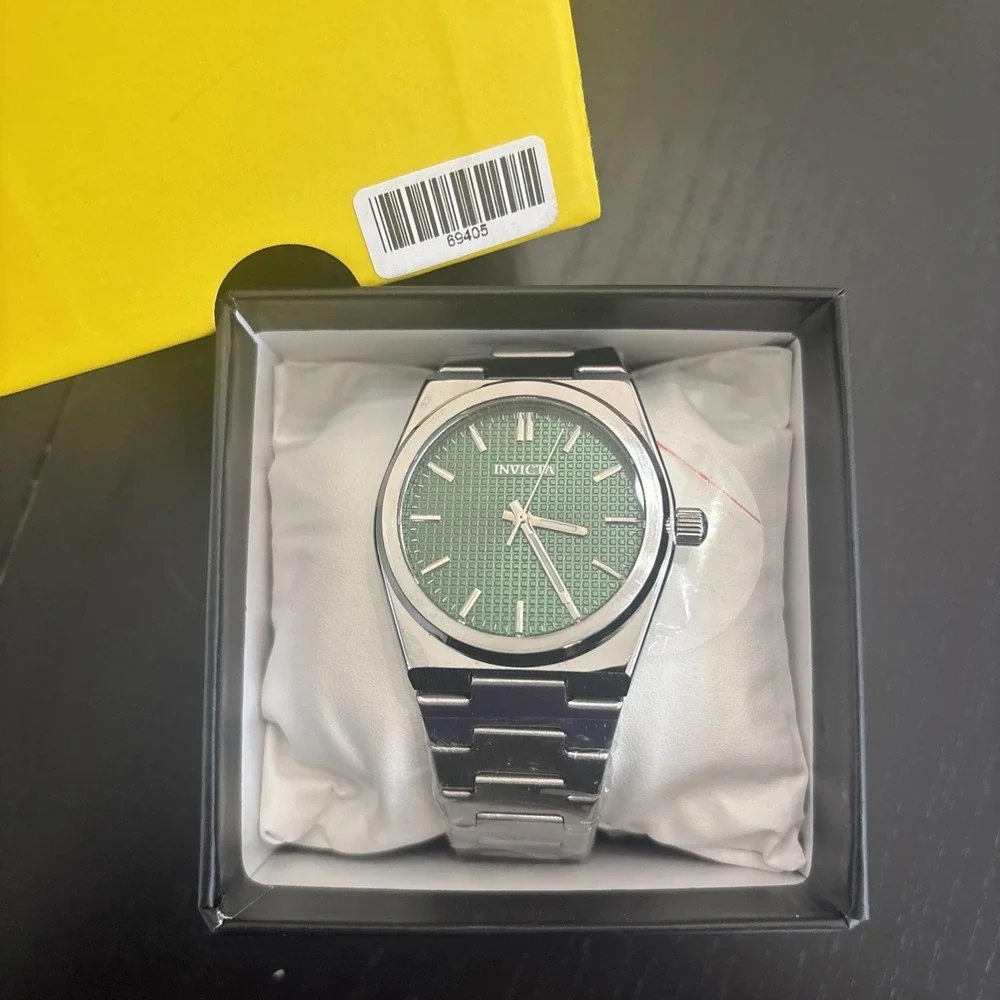 Invicta Men's Wristwatch Green Dial Silver Metal Band Analog Baton Indexes